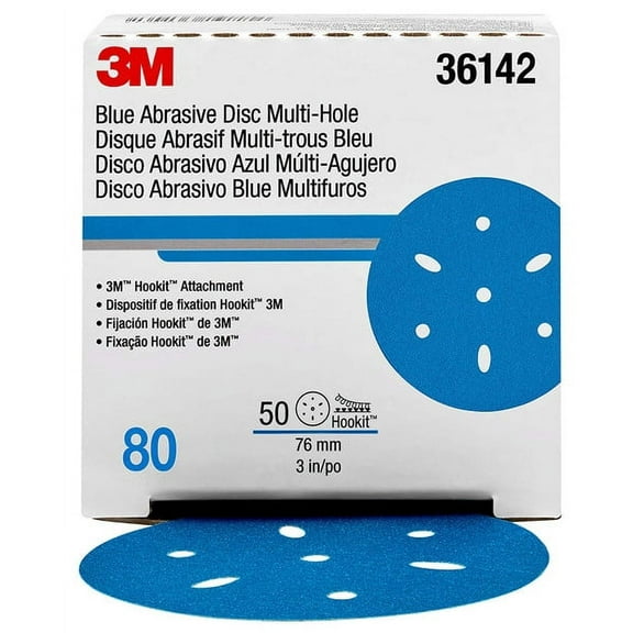 1PK 3M 36142 Hookit Blue Sandpaper 3" Disc - 80 Grade Multi-Hole, 50/Bx