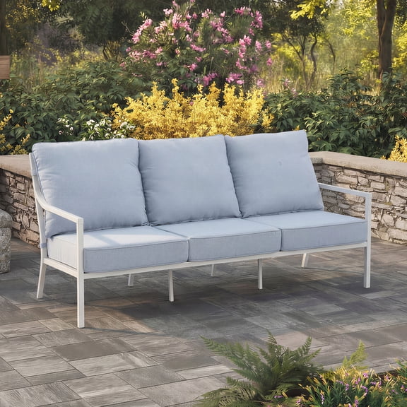 My Texas House Cambria Steel Outdoor Sofa, White/Blue