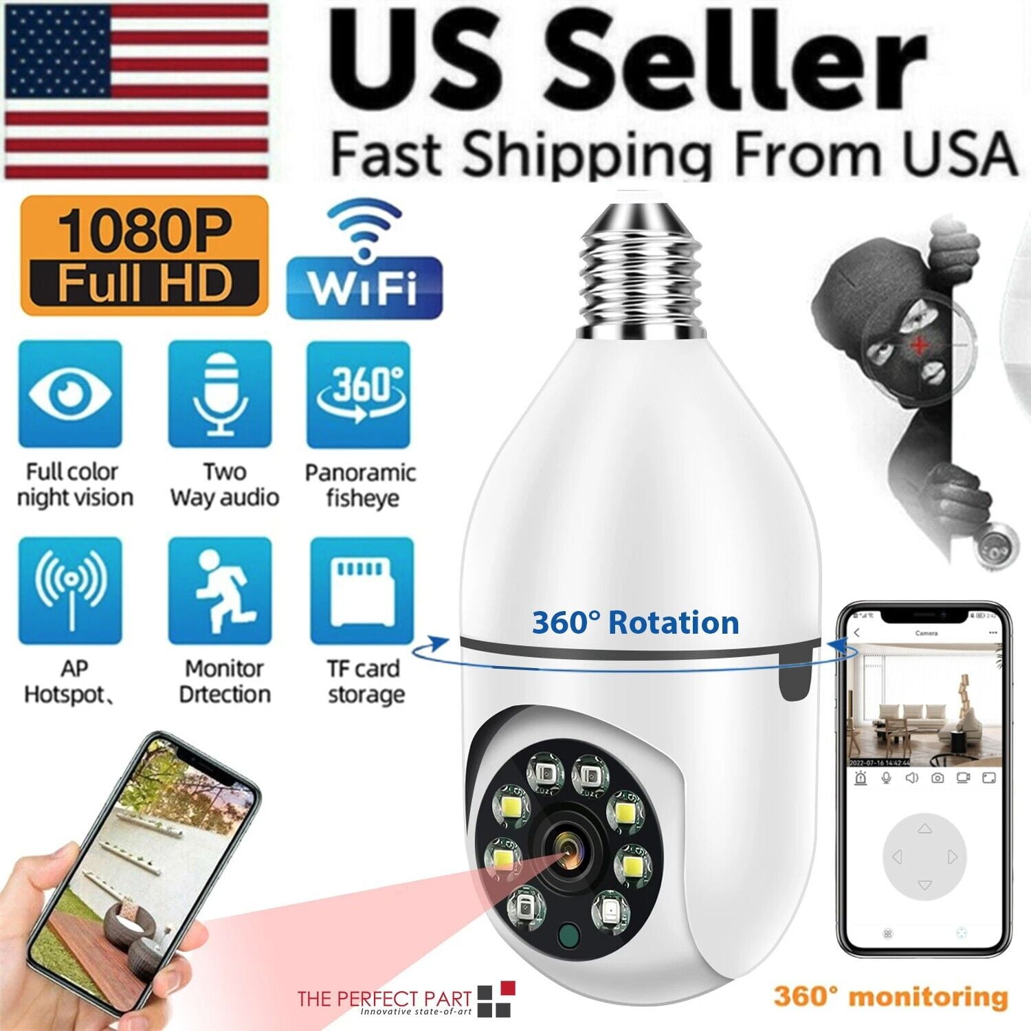 1PK Wireless Light Bulb Security Camera 1080P, E27 360 Surveillance