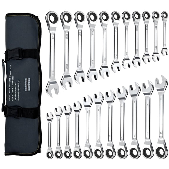 1PZ VHI-2KR 22-Piece Ratcheting Wrench Set, SAE and Metric Combination Wrench Set, 6-18mm and 1/4" to 3/4", CR-V Socket Mechanic Hand Tools Sets with Roll Up Pouch