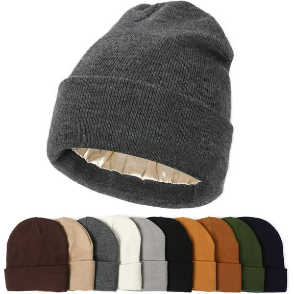 1Pac Satin Lined Beanie Hats for Women Men Knit Acrylic Beanie Winter Hat Silk Lining Soft Slouchy Warm Cuffed Beanie Hat