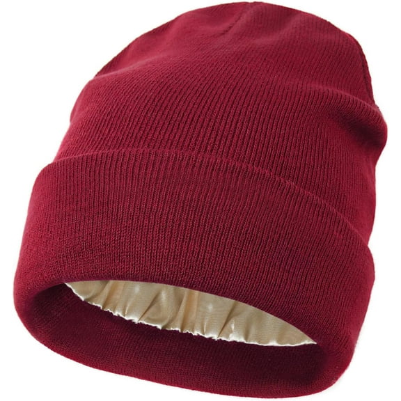 1Pac Satin Lined Beanie Hats for Women Men Knit Acrylic Beanie Winter Hat Silk Lining Soft Slouchy Warm Cuffed Beanie Hat
