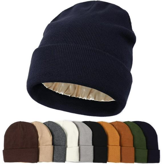 1Pac Satin Lined Beanie Hats for Women Men Knit Acrylic Beanie Winter Hat Silk Lining Soft Slouchy Warm Cuffed Beanie Hat