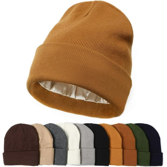 1Pac Satin Lined Beanie Hats for Women Men Knit Acrylic Beanie Winter Hat Silk Lining Soft Slouchy Warm Cuffed Beanie Hat