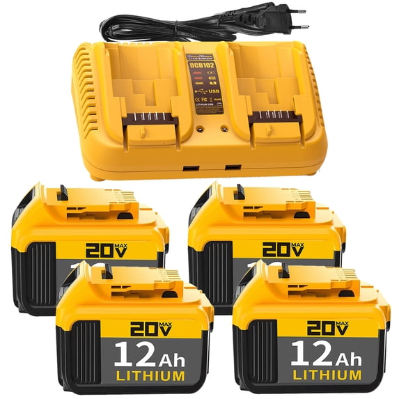 1Pack 3A Two-port charger And 4Pack 20V 12Ah Lithium Battery Replacement for Compatible with DCB200 Power Tools lithium battery Compact XR Design,Long Lasting dc series max cordless dr