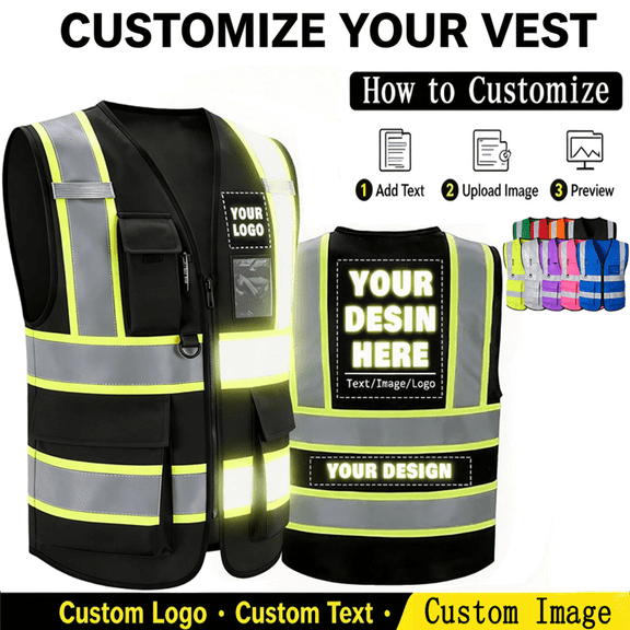(1Pack 4XL Black)Custom Logo Safety Vest, Hi-Vis Reflective Work Vest with Pockets, Personalized High Visibility Vest Black
