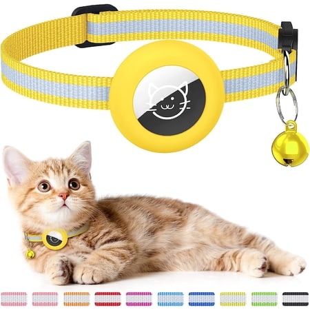 1Pack Airtag Cat Collar, Reflective Apple Airtag Cat Collar Holder with Bell, Silicone Waterproof Airtag Case Beautiful Cat Collar for Kitten Puppy Compatible (Yellow)