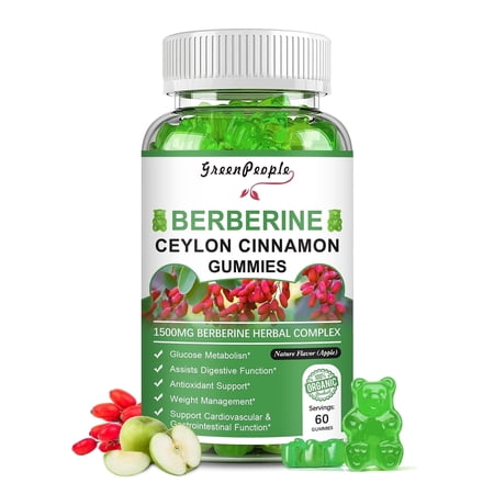 (1Pack)Berberine Gummies 1500mg with Ceylon Cinnamon - Sugar Free Berberine Supplement - for Immune Support & Brain Function - 60 Apple Gummies