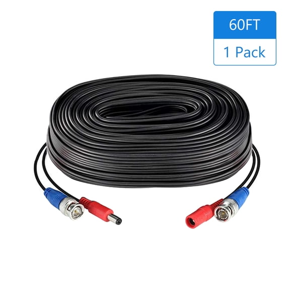 1Pack Black 60ft /18. 2-in-1 Video CCTV Cable BNC Extend Cord for Home Cameras DVR System