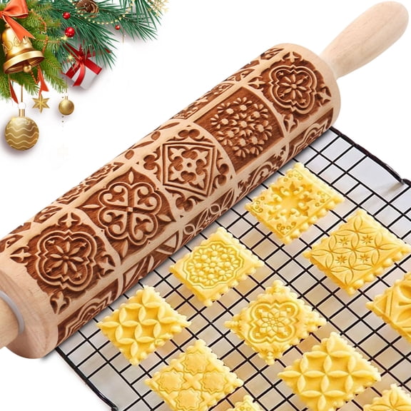 1Pack Christmas Embossed Rolling Pin for Baking Cookies Embossing Rolling Pins with Design Wooden Engraved Roller Pin Dough Patterned Clay Pottery Ceramic Bakers (Vintage Square Patterns)