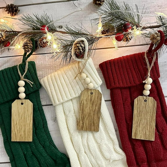 1Pack Christmas Stocking Name Tags,DIY Unfinished Personalized Blank Bead Wood Labels,Wooden Hanging Name Tags,Farmhouse Christmas Stocking Hanging Gift Tags For Christmas Home Party Supplies,Khaki
