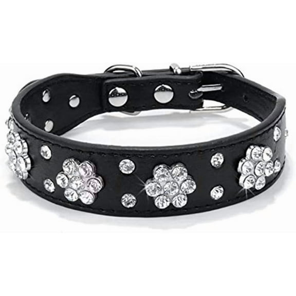 1Pack Cute Flower Rhinestone Dog Collar, Bling Collar PU Leather Adjustable Sizes Small Medium Large