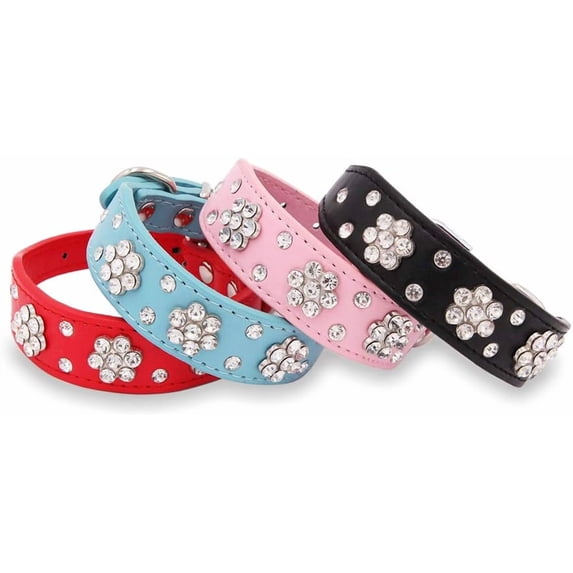 1Pack Cute PU Leather Adjustable Puppy or cat Collar, Rhinestone Flower Pattern Studded Girl Dog or cat Collar - Pink, Red, Blue, Black for Small to Medium Dogs or Cats