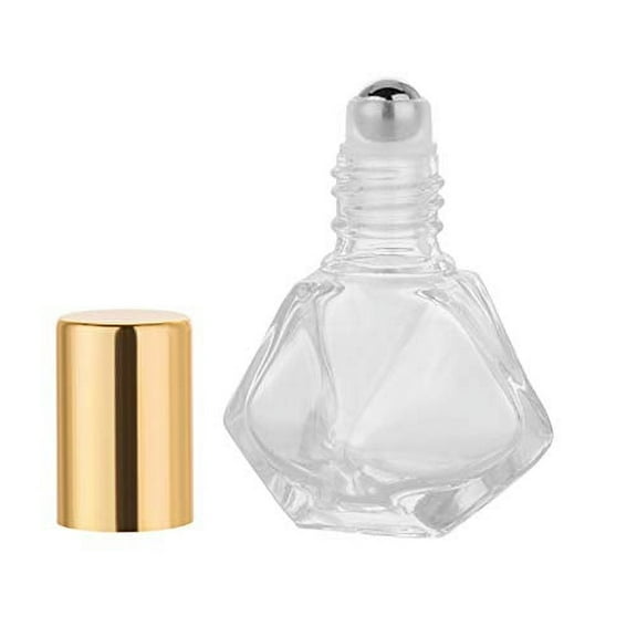 1Pack DIY Travel Essential Oil Roller Bottle, Polygonal Clear Glass Cosmetic Contaners Vials, for Essential Oils Perfumes Aromatherapy, Roll on Bottles with Gold Cap