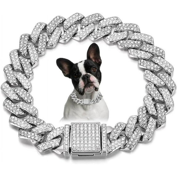 1Pack Dog Chain Collar, Bling Diamond Cuban Link Puppy Collar Glitter Rhinestone Cat Collars for Small Medium Large Pet Dogs