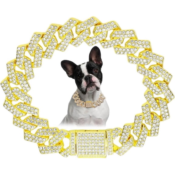 1Pack Dog Chain Collar, Bling Diamond Cuban Link Puppy Collar Glitter Rhinestone Cat Collars for Small Medium Large Pet Dogs