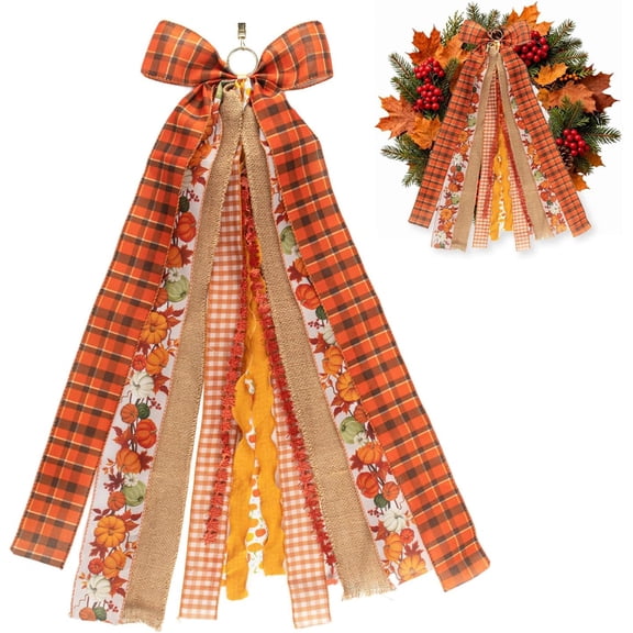 1Pack Fall Wreath Sash for Front Door Thanksgiving Plaid Bow for Wreath Pumpkin Maple Leaf