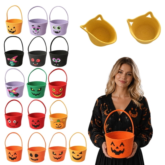 1Pack Halloween Spooky Monster Woven Hand Basket, 13.78in Total Height Cotton Rope Organizer Bin, Holiday Candy & Decor Storage Tote Basket (N)