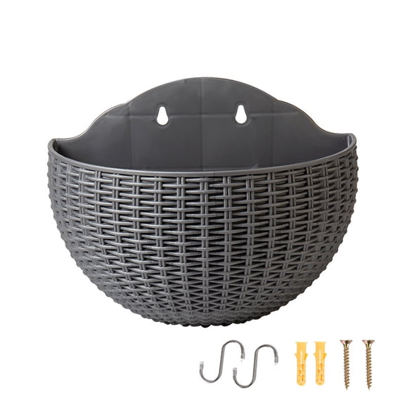 1Pack Imitation Rattan Wall Hanging Planter,Semicircle Plastic Plant Baskets Container Flower Pot with Drainage and Hooks for Balcony Fence Wall Indoor Outdoor Home Office Decoration Gift