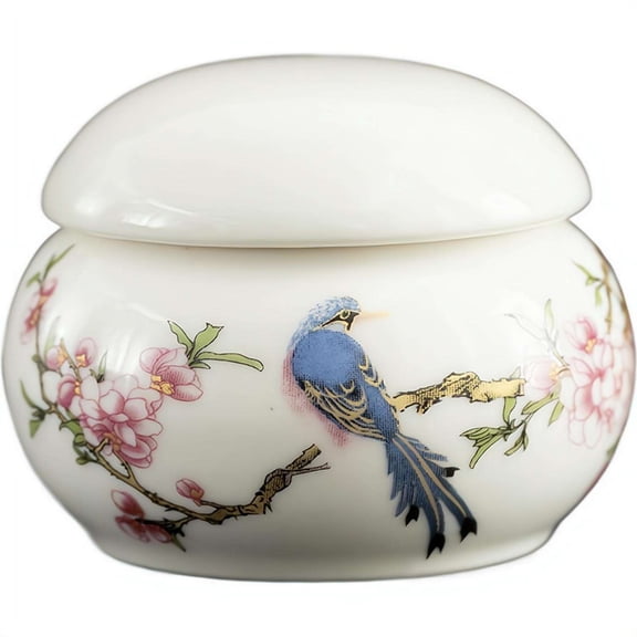 1Pack Mini Ceramic Tea Canister – Handpainted Bird & Peach Blossom Design, 2.16″ Diameter, Airtight Lid for Tea, Spices or Small Trinkets 