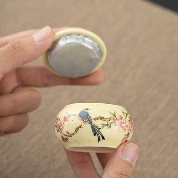 1Pack Mini Ceramic Tea Canister – Handpainted Bird & Peach Blossom Design, 2.16″ Diameter, Airtight Lid for Tea, Spices or Small Trinkets 