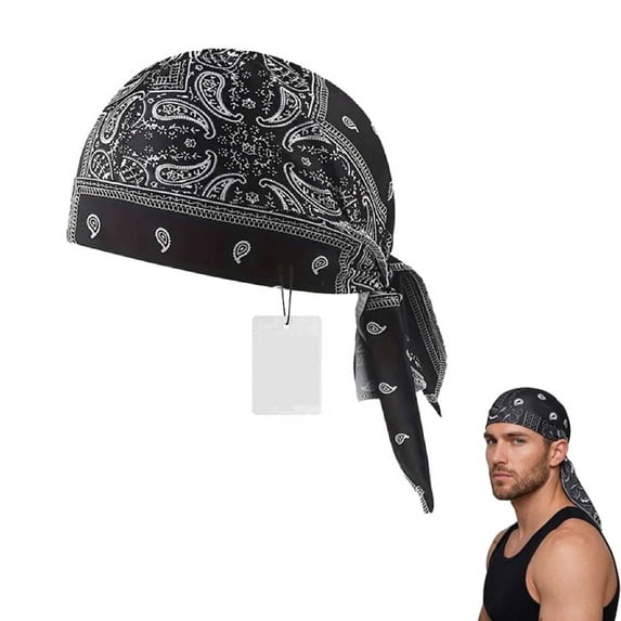 1Pack Paisley Cooling Headscarf Cap Set Bandana Beanie, Breathable, Adjustable Straps (Black)
