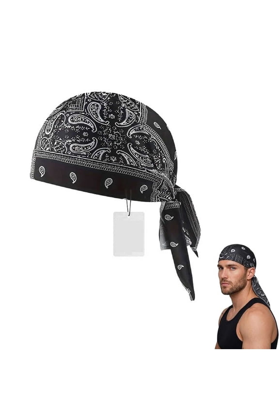 1Pack Paisley Cooling Headscarf Cap Set Bandana Beanie, Breathable, Adjustable Straps (Black)
