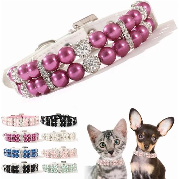 1Pack Pearl Dog Collar,Bling Rhinestone Crystal Luxury Beaded Puppy Necklace Fancy Pretty Cute Small Dog Collars Diamond Jewel for XXS XS Small Medium Female Girls Kitten Pet