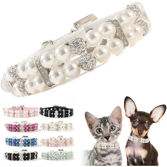 1Pack Pearl Dog Collar,Bling Rhinestone Crystal Luxury Beaded Puppy Necklace Fancy Pretty Cute Small Dog Collars Diamond Jewel for XXS XS Small Medium Female Girls Kitten Pet