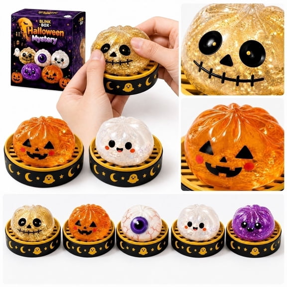 1Pack Random Sparkly Halloween Dumpling Squishy Blind Box, 2.17 Inch Soft TPR Stress Relief Ball, Mystery Surprise Toy (Random G)