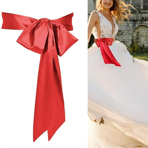 1Pack Red Satin Sash Belt,Women Dress Sash,Wedding Party Long Sash,Bridal Satin Waist Belts,Bow Silk Dress Waist Ties,for Special Occasion 3.7“ Wide