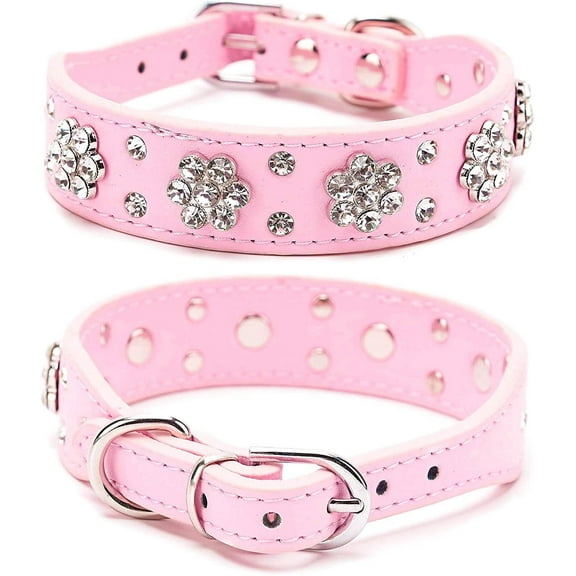 1Pack Rhinestone Dog Collar, Cute Flower Rhinestone Bling Collar PU Leather Adjustable Sizes Small Medium Large