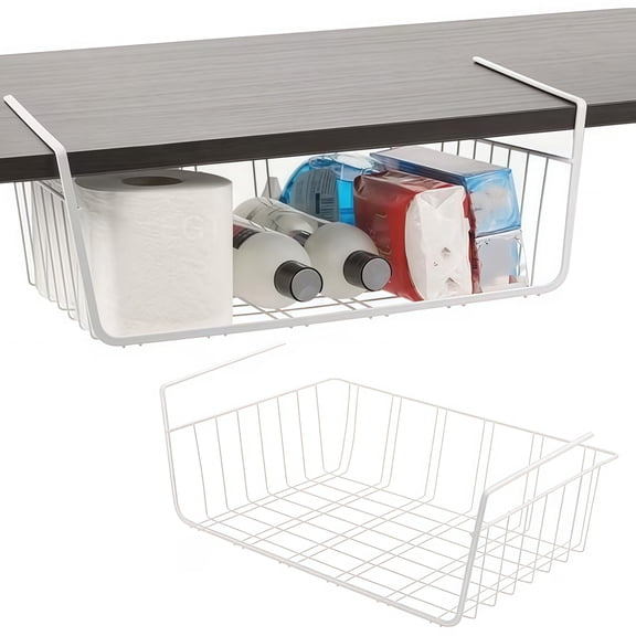 1Pack Under Shelf Storage Basket, Metal Wire Hanging Under Cabinet Organizer, Slide On Shelf Rack for Kitchen Pantry Bathroom Desk Cupboard, No Drill Space Saving Organizer (White)