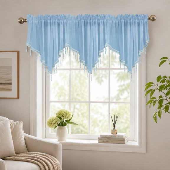 1Pack Sky Blue Sheer Curtain Valance, Rod Pocket Scalloped Window Valance with Hanging Crystal Beads, 51W x 23.6L Inch Light Filtering Lace Window Treatment for Kitchen, Bedroom, Bathroom