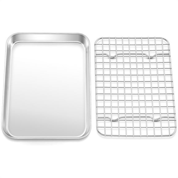 1Pack Small Baking Sheet with Rack Set,Toaster Oven Tray Pans with Grid Racks,Rectangular Bakeware with Cooling Rack,Easy to Clean,for Home Kitchen Roasting 9.3 x 6.9 x 1 Inch