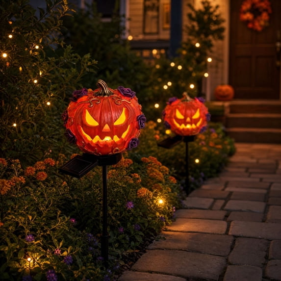 1Pack Solar Jack O Lantern Stake String Lights - Orange Halloween Pathway Decor for Outdoor Halloween Yard Display