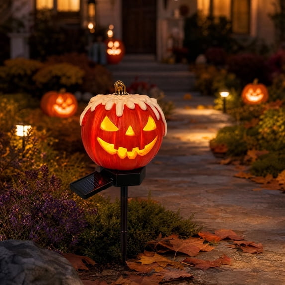 1Pack Solar Jack O Lantern Stake String Lights - Orange Halloween Pathway Decor for Outdoor Halloween Yard Display