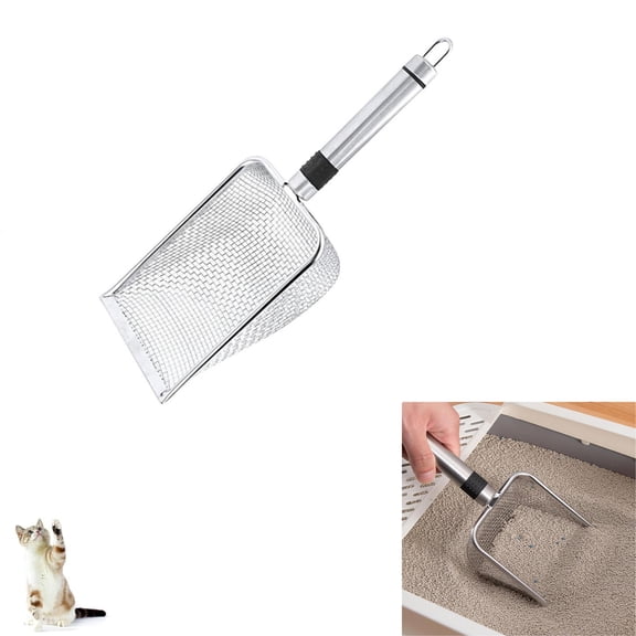 1Pack Stainless Steel Cat Litter Scoop, Metal Sifting Shovel with Ergonomic Handle, Fine Mesh for Quick Clump Separation, Anti-Rust Pet Cleaning Tool for Litter Box, Also for Beach Sand Toys