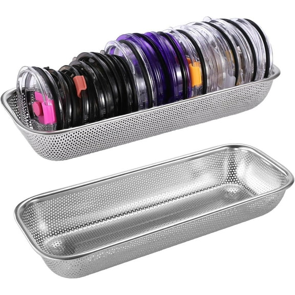1Pack Stainless Steel Tumbler Cup Lid Organizer Inside Cabinet, Mason Jar Lid Organizer, Rectangular Basket for Storage of Silverware, Chopsticks, straws and Utensils