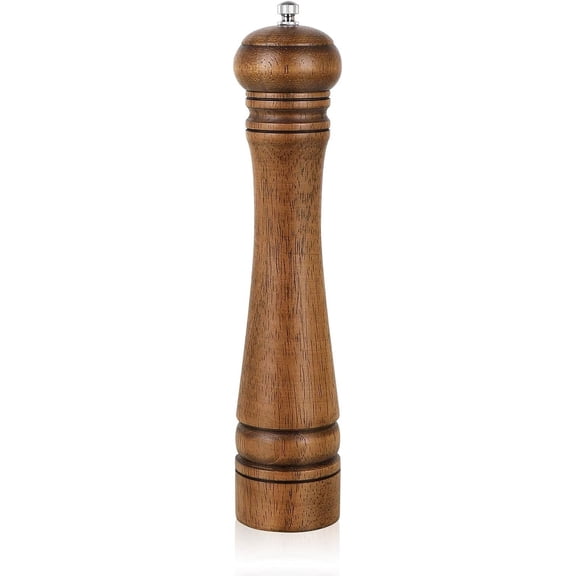 1Pack Wood Pepper Grinder, 10 Inch Salt Mill Pepper Shaker, Pepper Mill with Adjustable Ceramic Rotor - Oak Wood Pepper Grinder for Your Kitchen