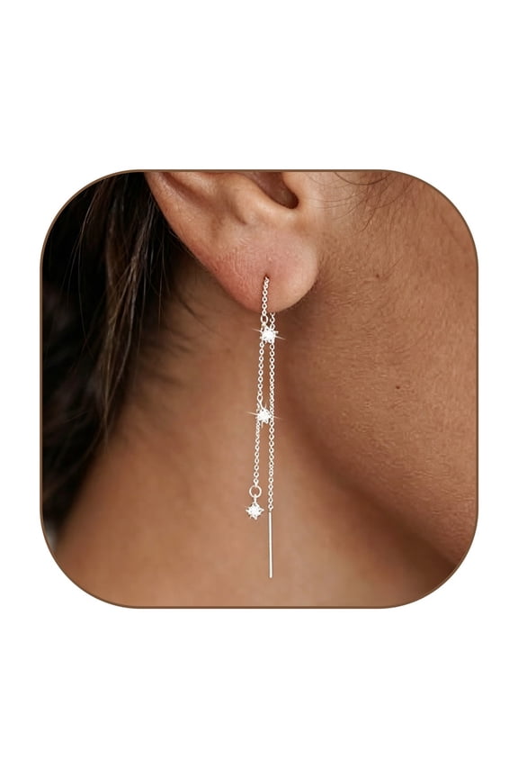 1Pair Threader Earrings for Women Long Tassel Chain CZ Drop Ear Line Studs for Daily Party Wear