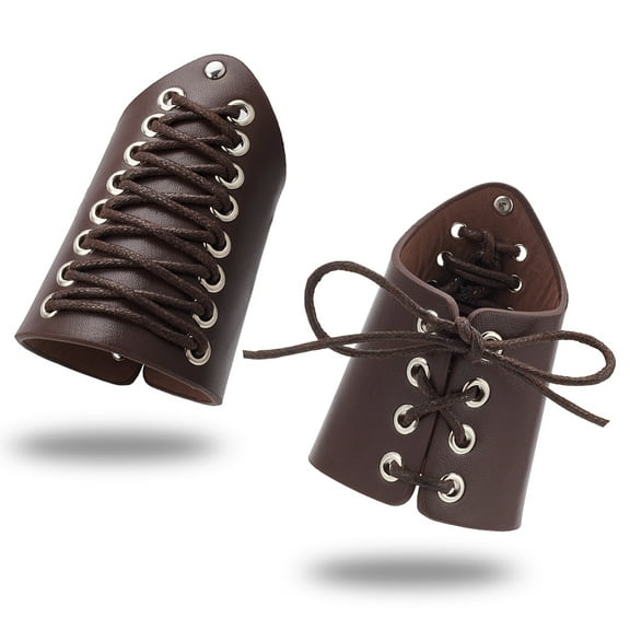 1Pair Adjustable PU Leather Cord Bracelet with Wax Cotton Cords Gauntlet Wristband Cuff Wrist Guard Coconut Brown