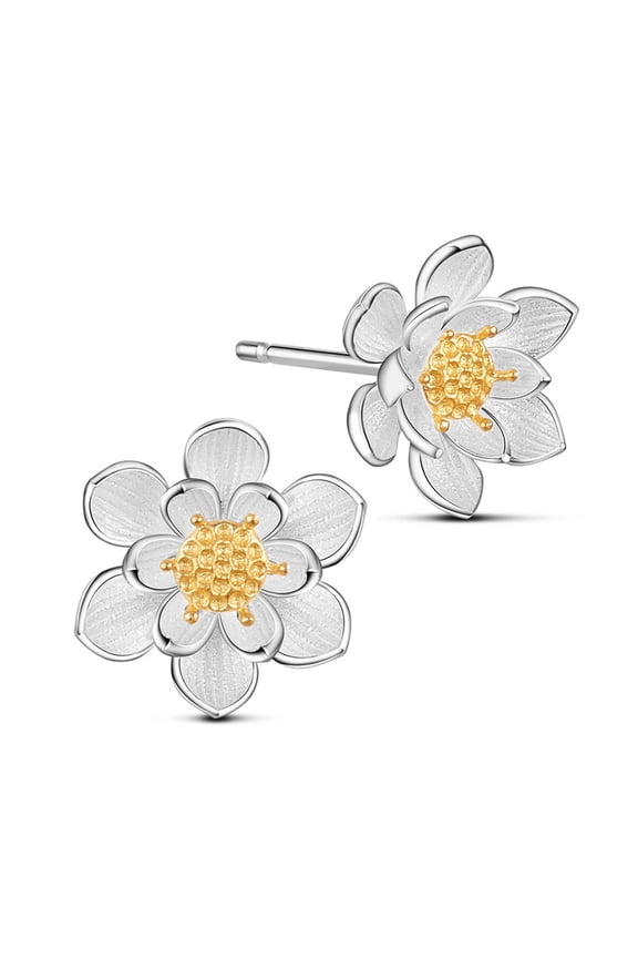 1Pair Adorable 925 Sterling Silver Ear Studs Lotus Flower with Golden Tone Bud Mixed Color 10mm Pin: 0.8mm