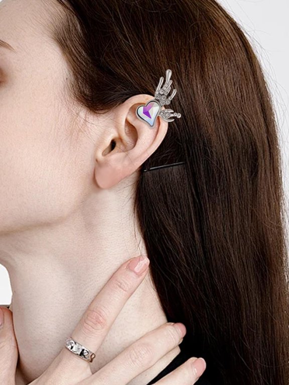 1Pair Alloy Rhinestone Clip-on Earrings Elegant Heart Wing Ear Cuff Jewelry Accessories for Women Birthday Festival Elegant Gifts Personalized Jewelry 38x25mm