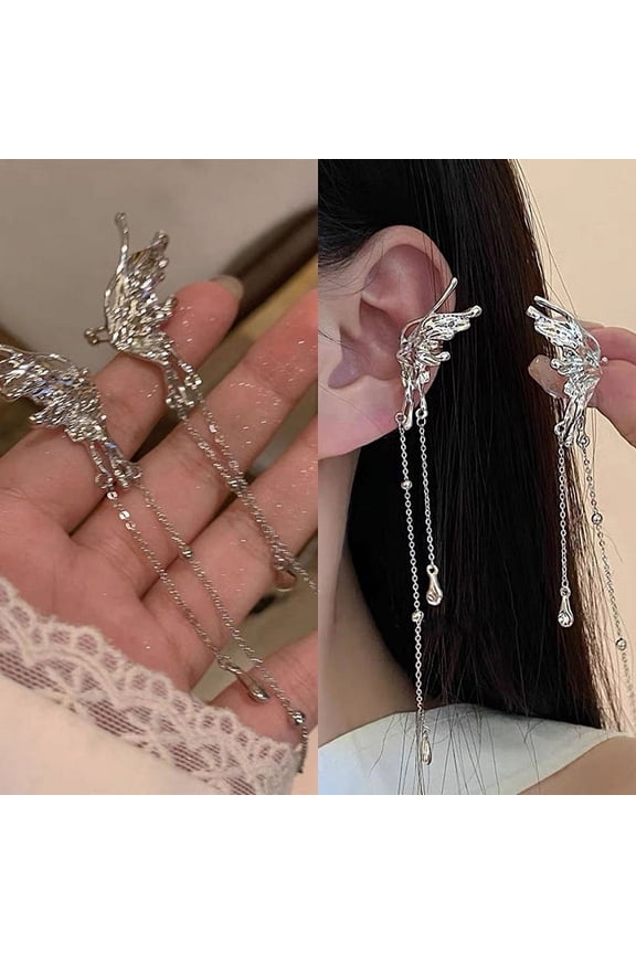 1Pair Angel Wings Liquid Metal Butterfly Tassel Ear Cuff Non Piercing Earrings Trendy Punk Design Female Long Ear Clip Jewelry