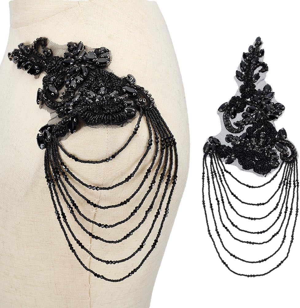 1Pair Beaded Rhinestones Applique Embellishment for Clothes Black Epaulettes Shoulder Patches Sewing Rhinestone Beaded Tassel Applique for Wedding Dress DIY Accessories Silver