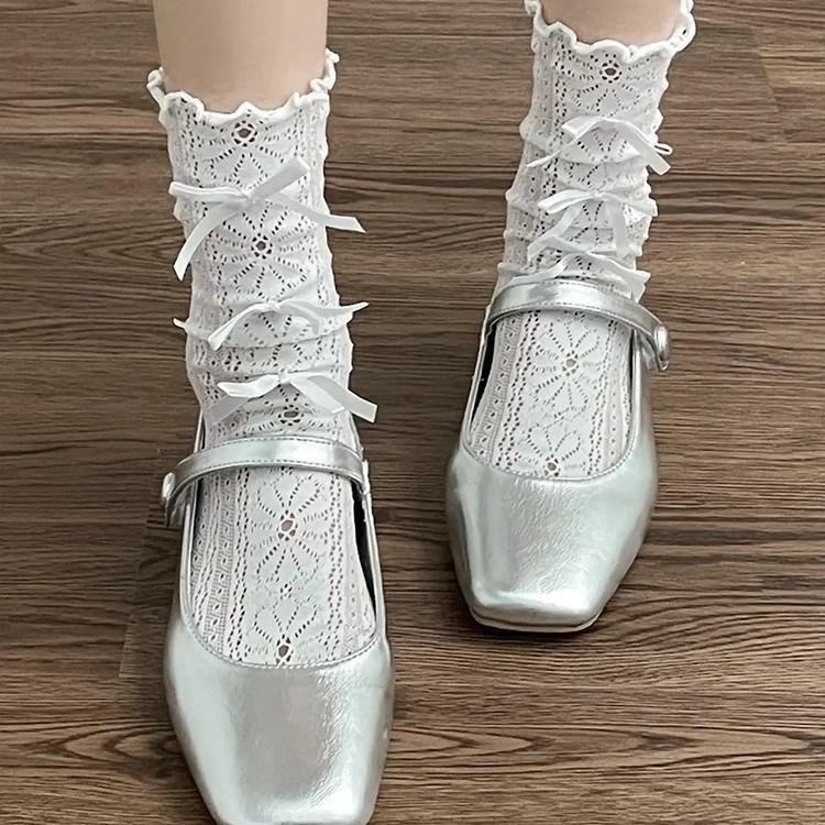 1Pair Beige Lace Bow JK Socks White Mesh Fairy Socks Lolita Japanese French Summer Thin Style