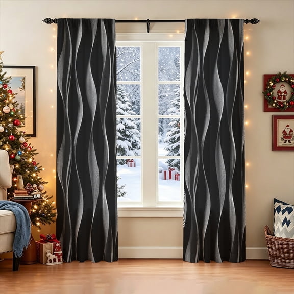 1Pair Black Background Gradient Silver Wavy Line 2D Curtain, Modern Minimalist Window Drapes for Apartment Bedroom Living Room, Christmas Thanksgiving Home Party Decor Gift