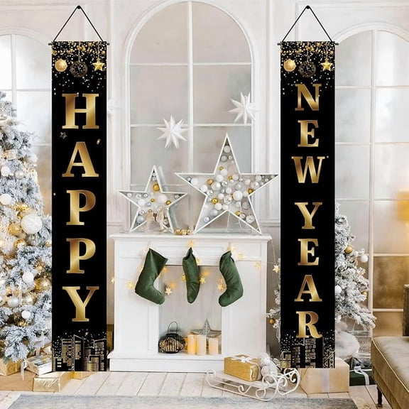 1Pair Black Gold Happy New Years Decorations Banner 2026, New Years Nye Eve Party Decorations Supplies 2026 for NYE Decorations