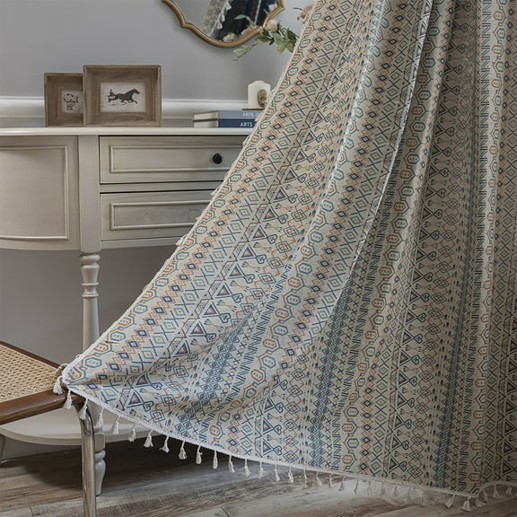 1Pair Boho Semi-Blackout Curtains Geometric Patterned Curtains 59" W x 63" L